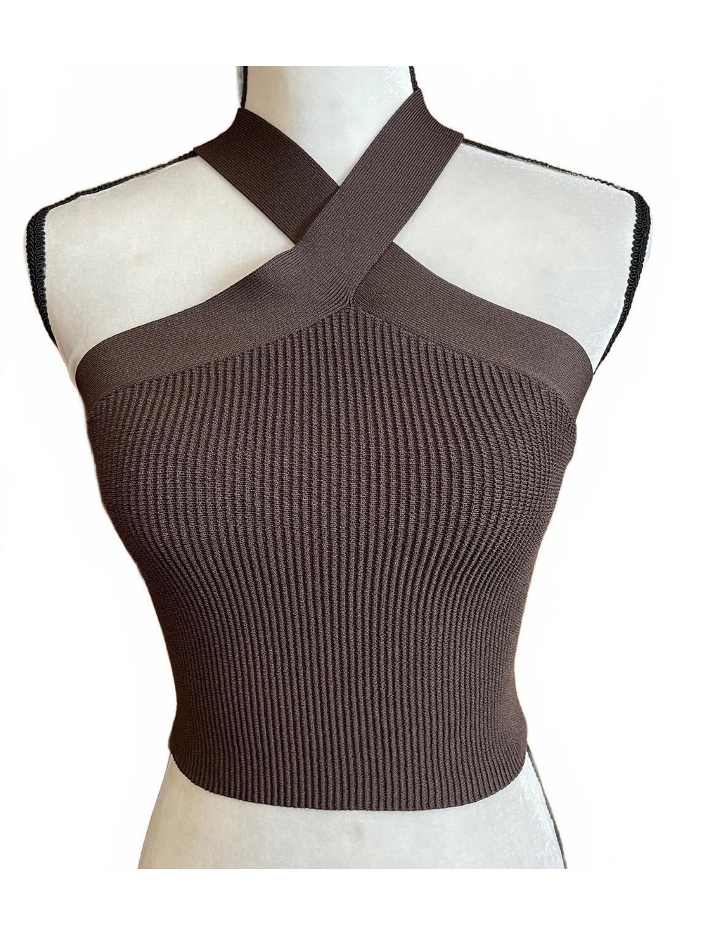 Quince brown cropped ribbed knit halter tank small